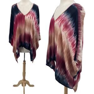 Lovestitch Tie Dye Poncho Kimono Top Dolman Sleeve V Neck Navy Maroon One Size